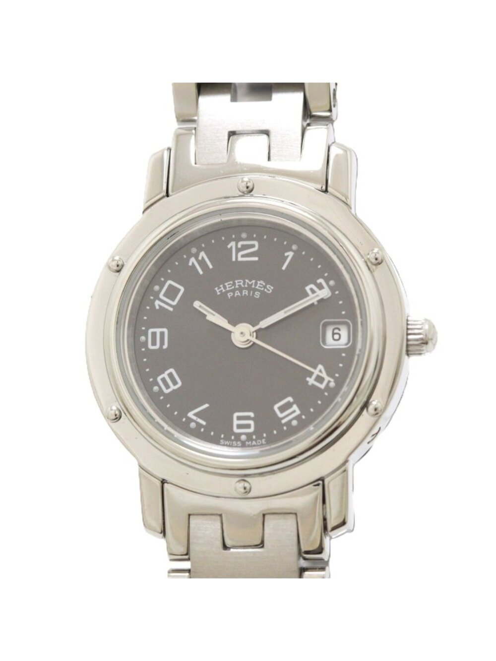 Hermes Clipper Watch SS Stainless Steel Gray Arabic Dial Quartz